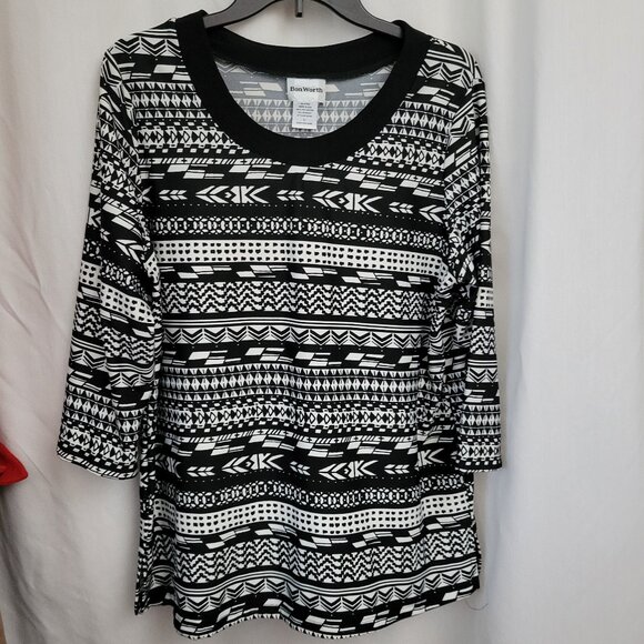 Bon Worth Blouse Retro Pullover Black White Geometric Large 3/4 sleeve stretchy - Picture 1 of 8
